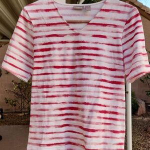 Chico's Size 1 (Medium) Red and White Striped V-Neck T-Shirt Womens
